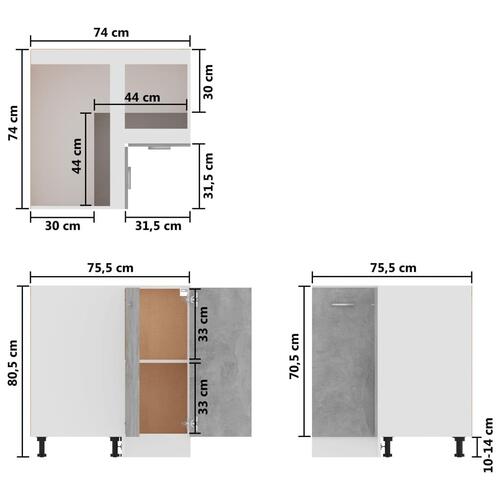 Hjørneunderskab 75,5x75,5x80,5 cm spånplade betongrå