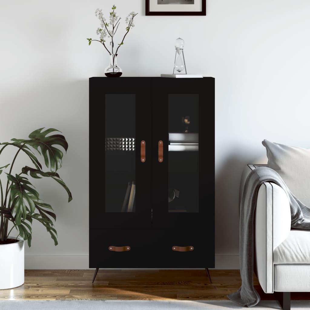 Skab med glasdøre og skuffe 69,5×31×115 cm - sort konstrueret træ