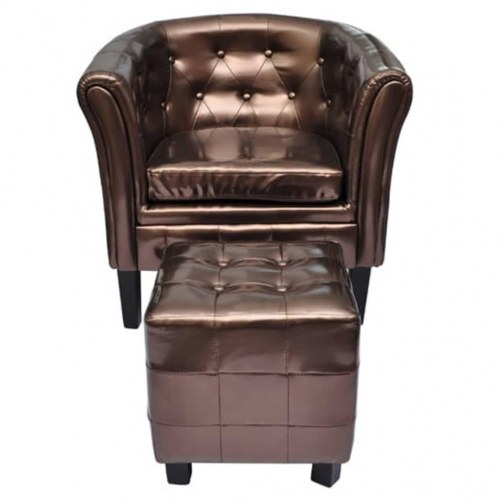 Lænestol med fodskammel i kunstlæder - brun chesterfield-look