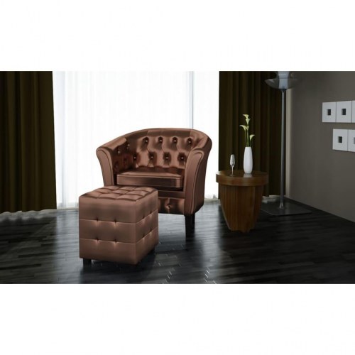 Lænestol med fodskammel i kunstlæder - brun chesterfield-look