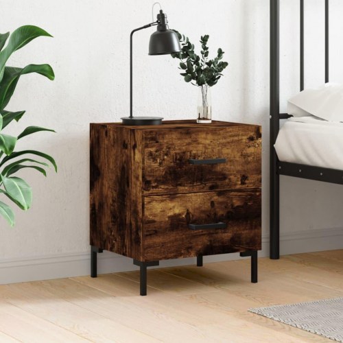 Sengebord 40×35×47,5 cm i konstrueret træ - røget egetræ, med metalfødder og 2 skuffer