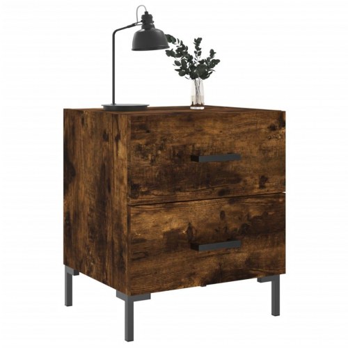 Sengebord 40×35×47,5 cm i konstrueret træ - røget egetræ, med metalfødder og 2 skuffer