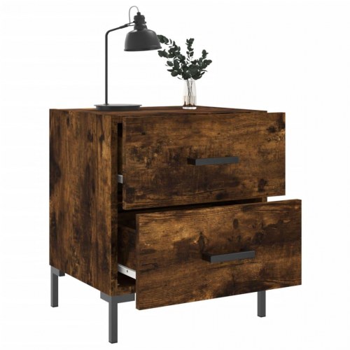 Sengebord 40×35×47,5 cm i konstrueret træ - røget egetræ, med metalfødder og 2 skuffer