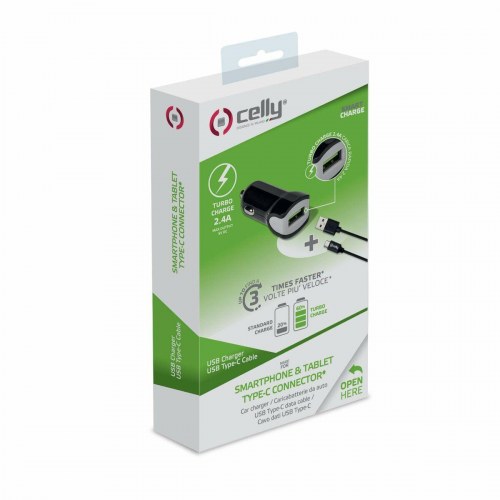 Celly biloplader 12 W med USB-A og USB‑C kabel - Sort