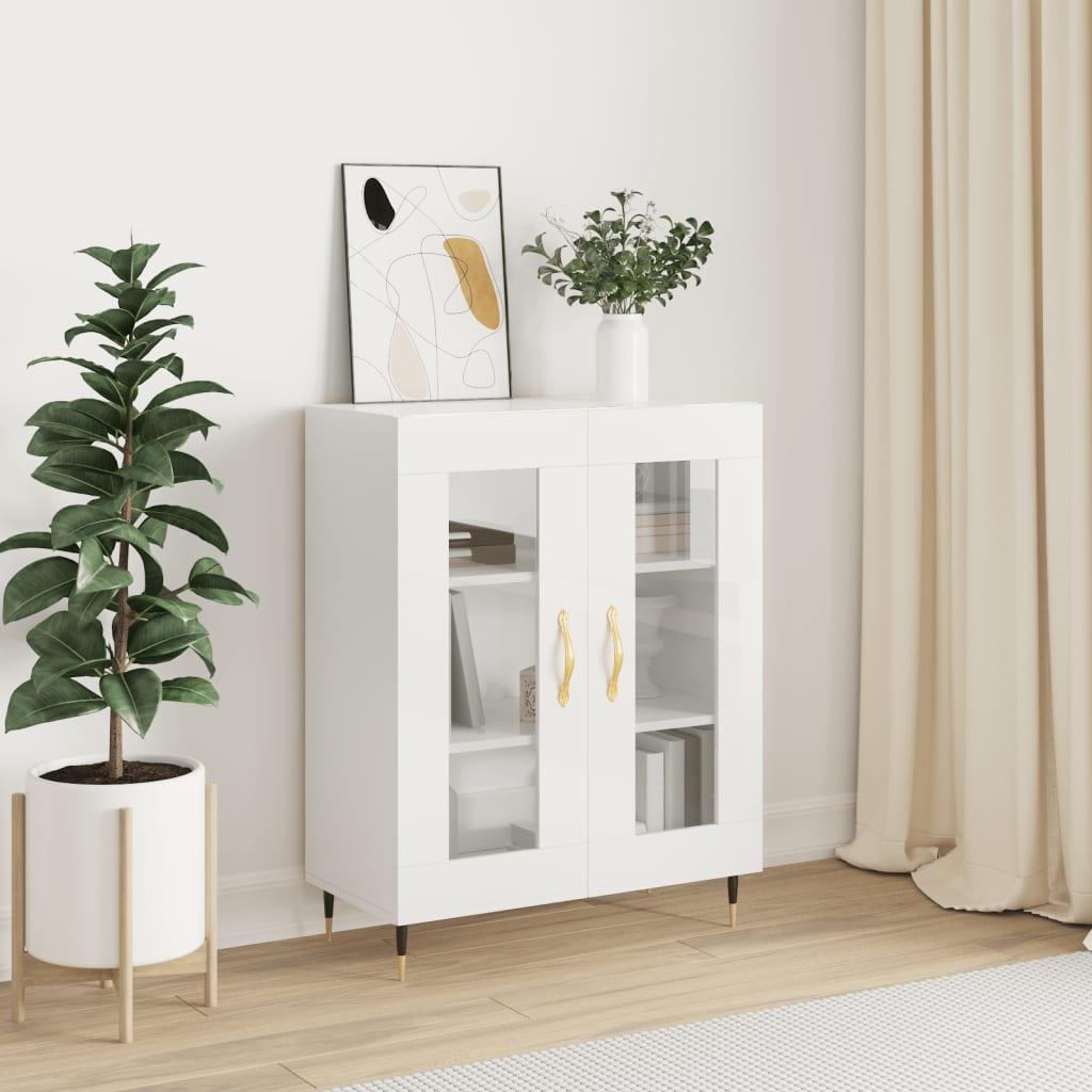 Skænk 69,5×34×90 cm - hvid højglans med glas og metalfødder