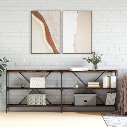 Konsolbord 200x30x75 cm konstrueret træ og jern røget sonoma-eg