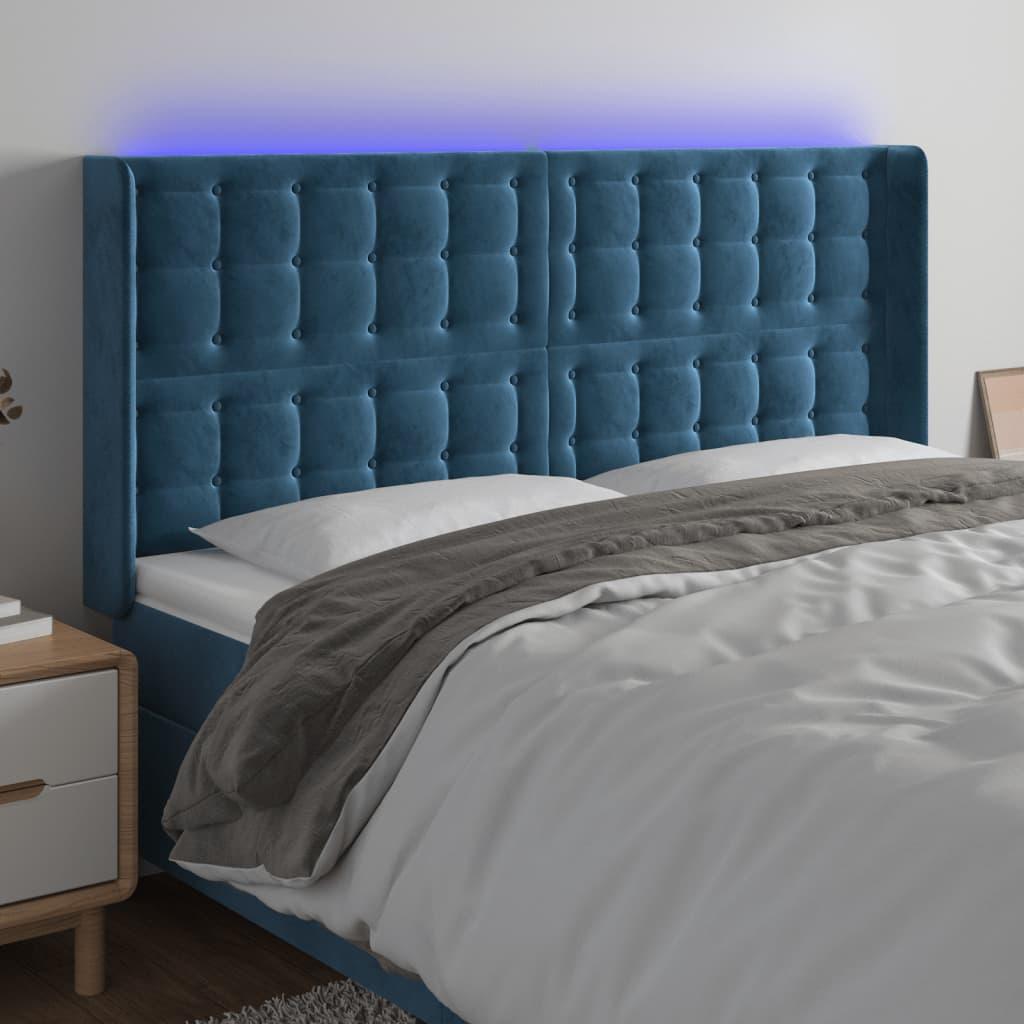Sengegavl med LED-lys 163x16x118/128 cm - fløjl, mørkeblå