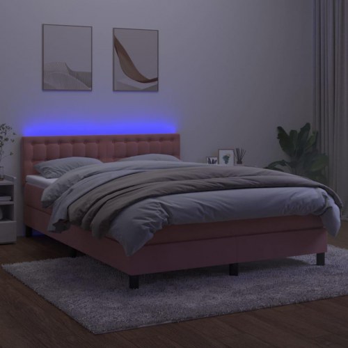 Kontinentalseng med madras og LED-lys 140×190 cm - fløjl, lyserød