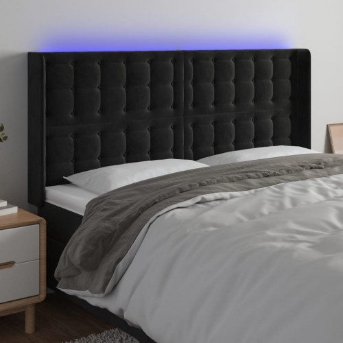 Sengegavl med LED-lys 183 x 16 x 118/128 cm - sort fløjl