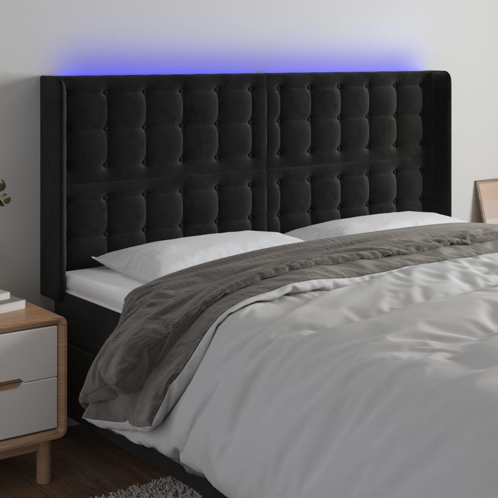 Sengegavl med LED-lys 183x16x118/128 cm - fløjl, sort