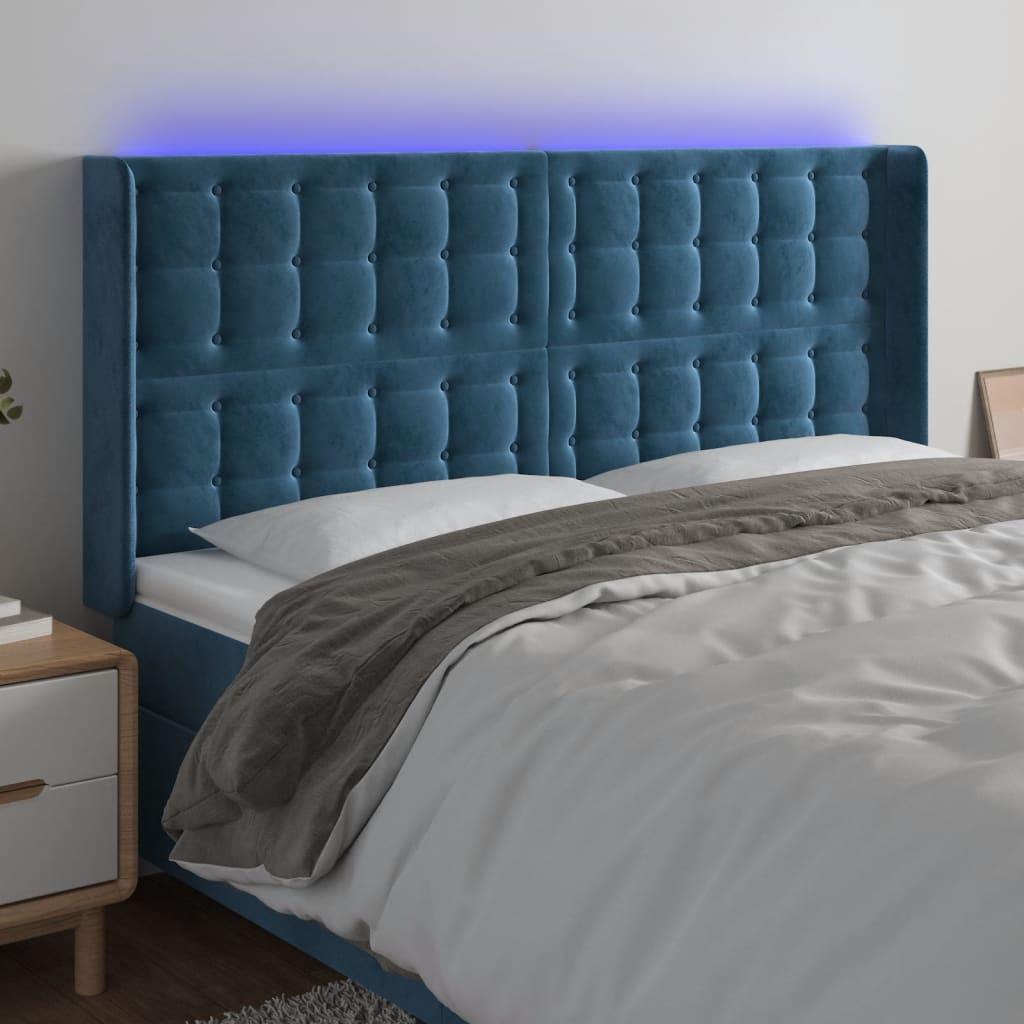 Sengegavl med LED-lys 183x16x118/128 cm - fløjl, mørkeblå