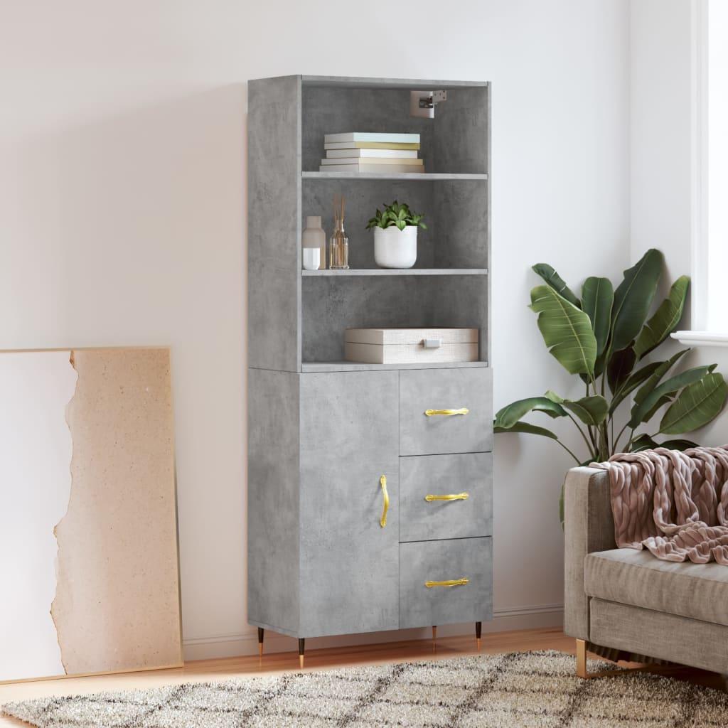 Højskab 69,5X34X180 Cm Konstrueret Træ - Betongrå / 1 låge 3 skuffer