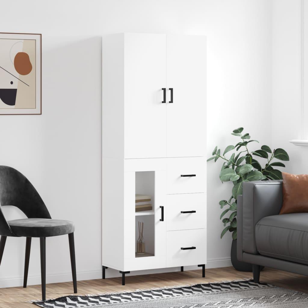 Højskab 69,5x34x180 Cm Konstrueret Træ - Hvid / 1 glaslåge 3 skuffer