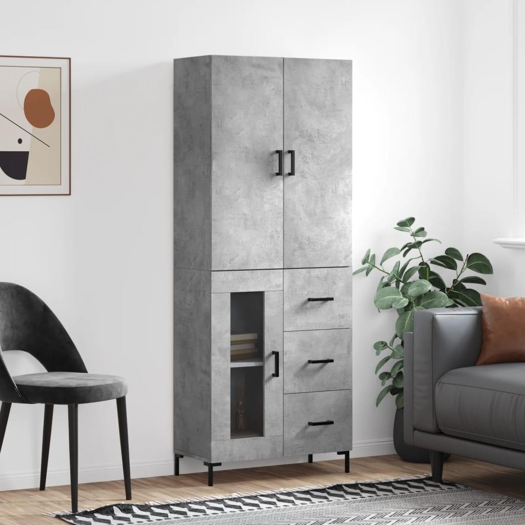 Højskab 69,5x34x180 Cm Konstrueret Træ - Betongrå / 1 glaslåge 3 skuffer