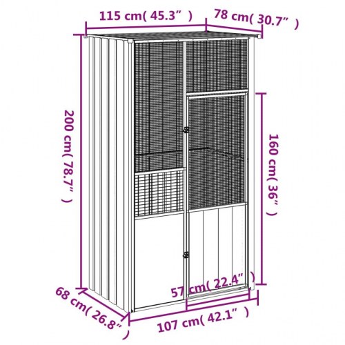 Udendørs fuglebur 115×78×200 cm i galvaniseret stål - grå