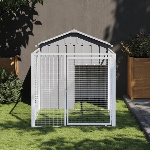 Hundehus med løbegård 117x201x123 cm galvaniseret stål lysegrå