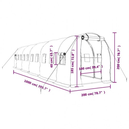 Drivhus med stålstel 20 m² - 10 × 2 × 2 m, grøn