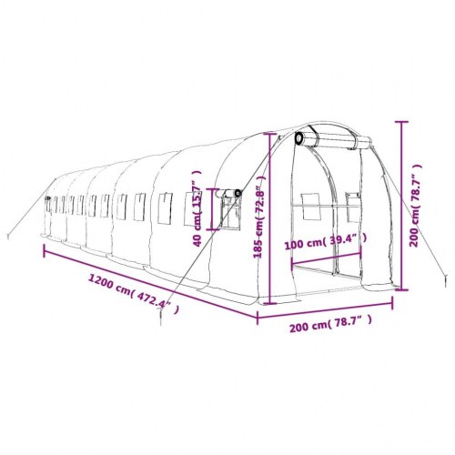Drivhus med stålstel 24 m² - 12×2×2 m, hvid