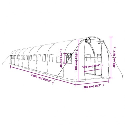 Drivhus med stålstel 32 m² - 16 × 2 × 2 m, grøn