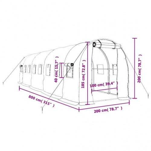 Drivhus med stålstel 16 m² - 8×2×2 m, hvid