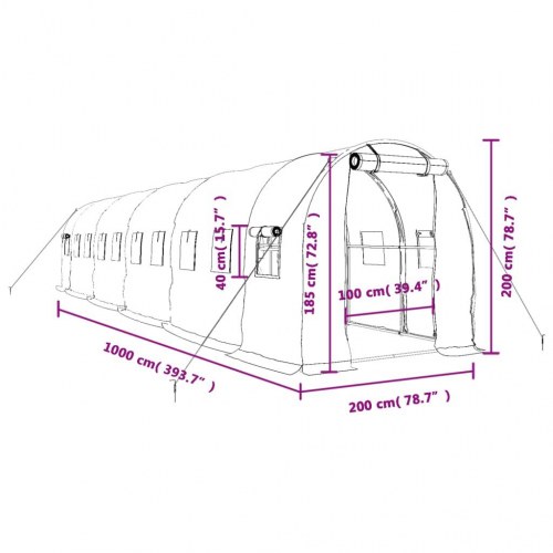 Drivhus med stålstel 20 m² - 10×2×2 m, hvid