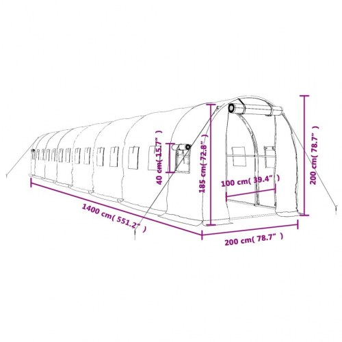 Drivhus med stålstel 28 m² - 14×2×2 m, hvid