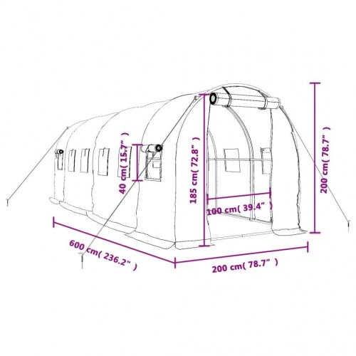 Drivhus med stålstel 12 m² - 6×2×2 m, hvid