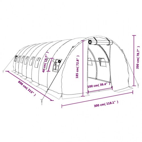 Drivhus med stålstel 24 m² - 8 × 3 × 2 m, hvid