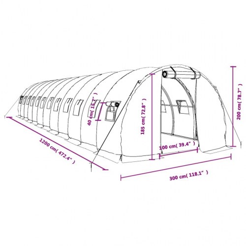 Drivhus med stålstel 36 m² - 12 × 3 × 2 m, hvid