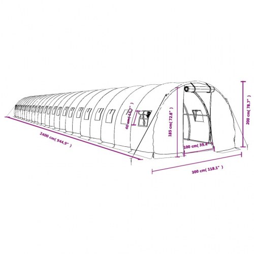 Drivhus med stålstel 72 m² - 24 × 3 × 2 m, grøn