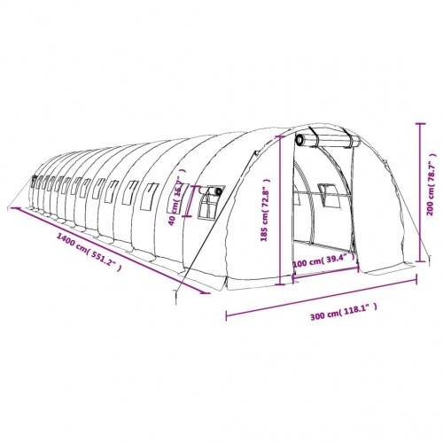 Drivhus med stålstel 42 m² - 14 × 3 × 2 m, grøn