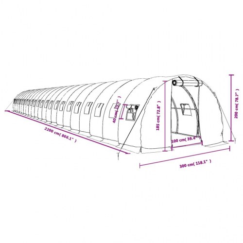 Drivhus med stålstel 66 m² - 22 × 3 × 2 m, grøn