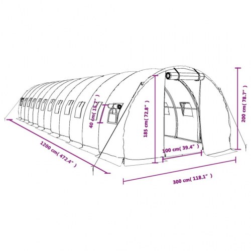 Drivhus med stålstel 36 m² - 12×3×2 m, grøn