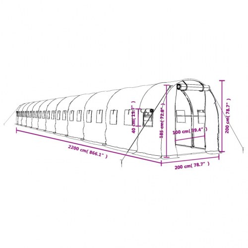 Drivhus med stålstel 44 m² 22 x 2 x 2 m hvid
