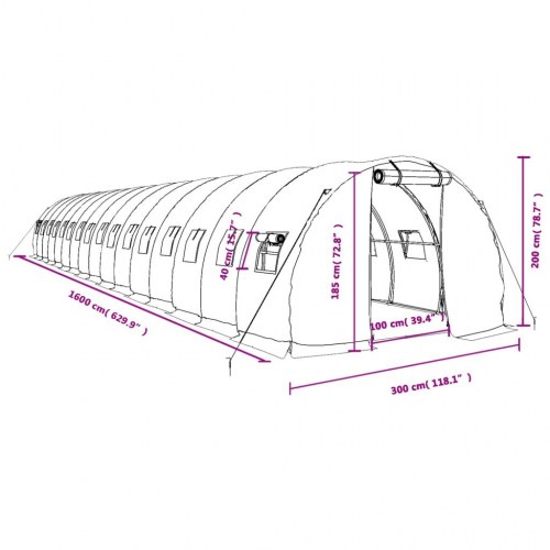 Drivhus med stålstel 48 m² - 16 × 3 × 2 m, grøn