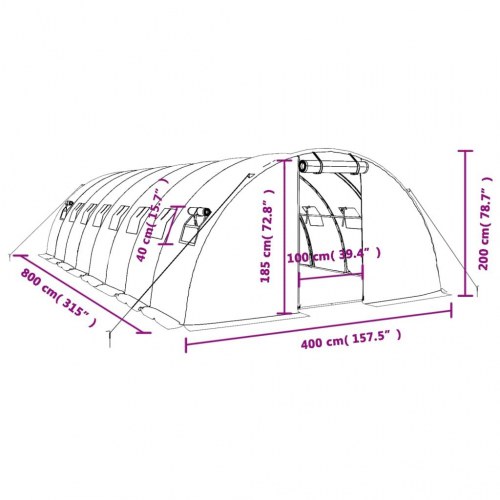 Drivhus med stålstel 32 m² - 8 × 4 × 2 m, hvid