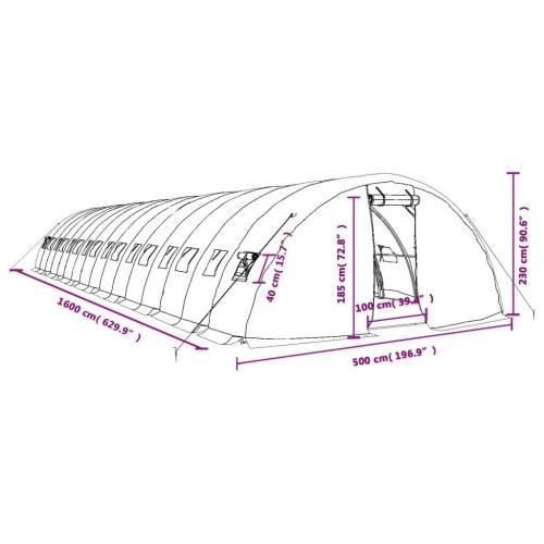 Drivhus med stålstel 80 m² - 16 × 5 × 2,3 m, grøn