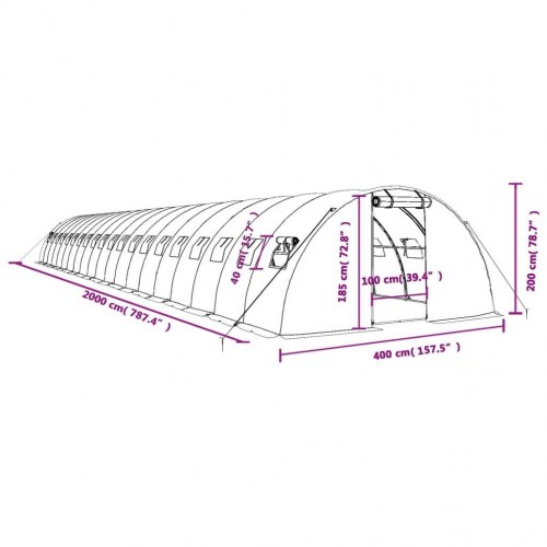 Drivhus med stålstel 80 m² 20 x 4 x 2 m hvid