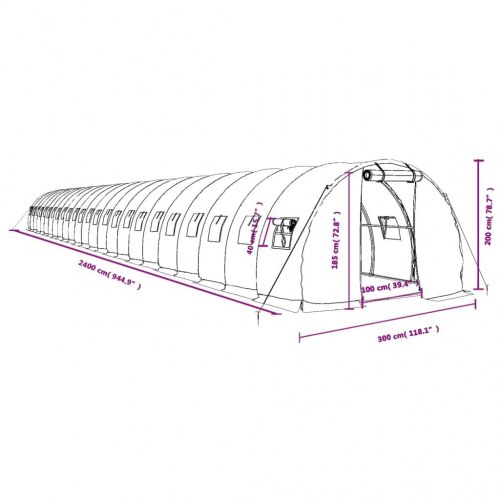 Drivhus med stålstel 72 m² - 24 × 3 × 2 m, hvid