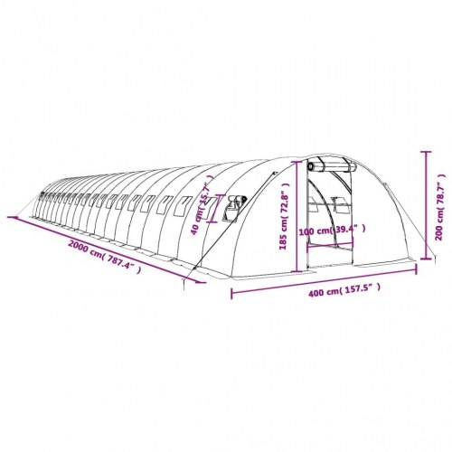 Drivhus med stålstel 80 m² 20 x 4 x 2 m grøn