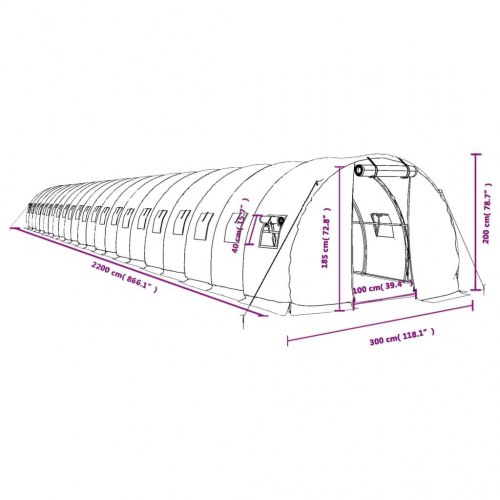 Drivhus med stålstel 66 m² - 22 × 3 × 2 m, hvid