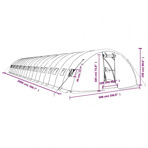 Drivhus med stålstel 100 m² - 20 × 5 × 2,3 m, grøn