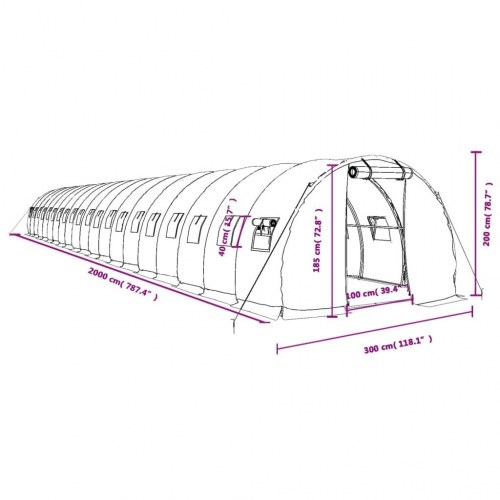 Drivhus med stålstel 60 m² - 20 × 3 × 2 m, hvid