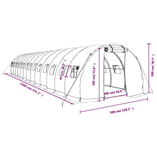 Drivhus med stålstel 42 m² - 14 × 3 × 2 m, hvid