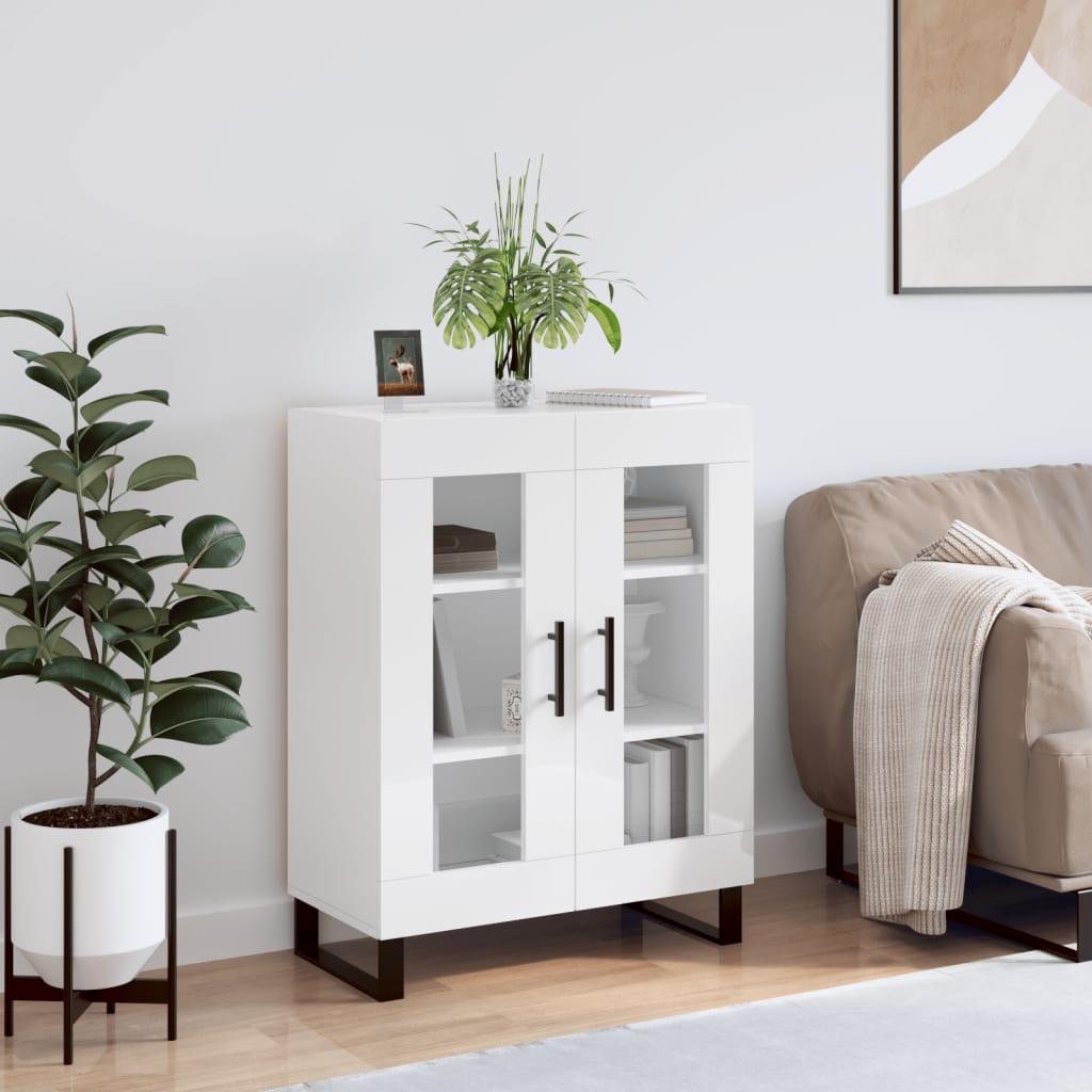 Skænk 69,5×34×90 cm - hvid højglans med glas og metalben