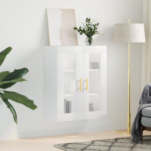 Væghængt skab 69,5x34x90 cm konstrueret træ hvid højglans