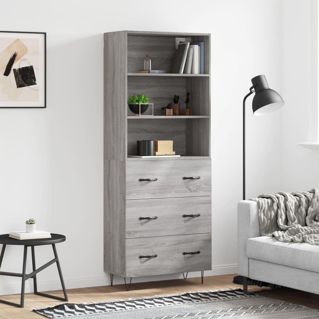 Højskab med 3 skuffer og åbne hylder 69,5 x 34 x 180 cm i grå sonoma-eg