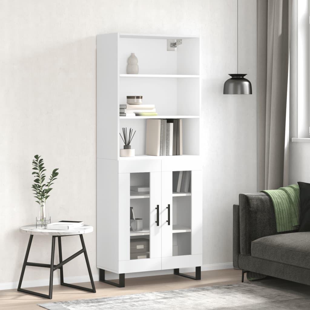 Højskab 69,5×34×180 cm i hvidt konstrueret træ med glaslåger