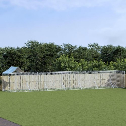 Udendørs hundegård med tag 14x2x2,5 m galvaniseret stål sølv