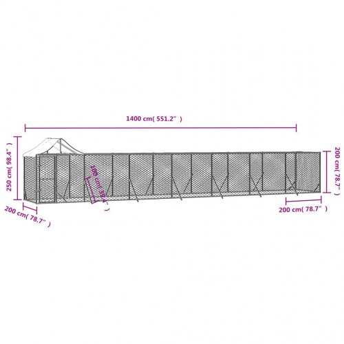 Udendørs hundegård med tag 14x2x2,5 m galvaniseret stål sølv
